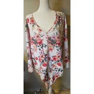 Emery Rose Floral V-Neck Front Tie Blouse White Pink XL Long Sleeve Top